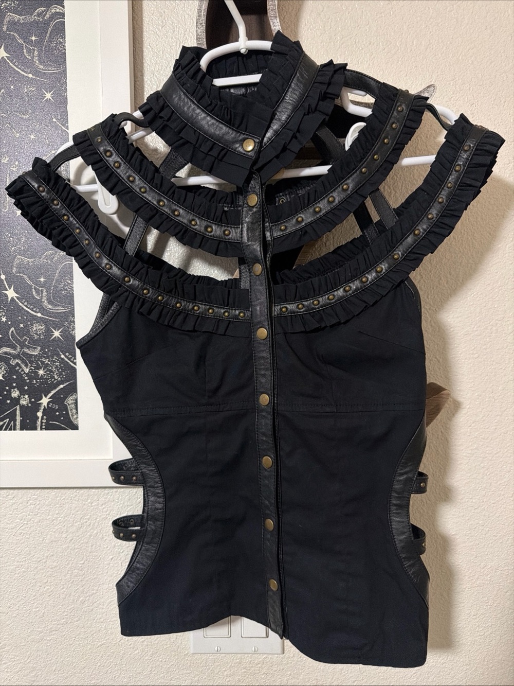 NWT Gelareh Alam Women's Tie Top Black Cage Collar Harness Ruffle Studded M